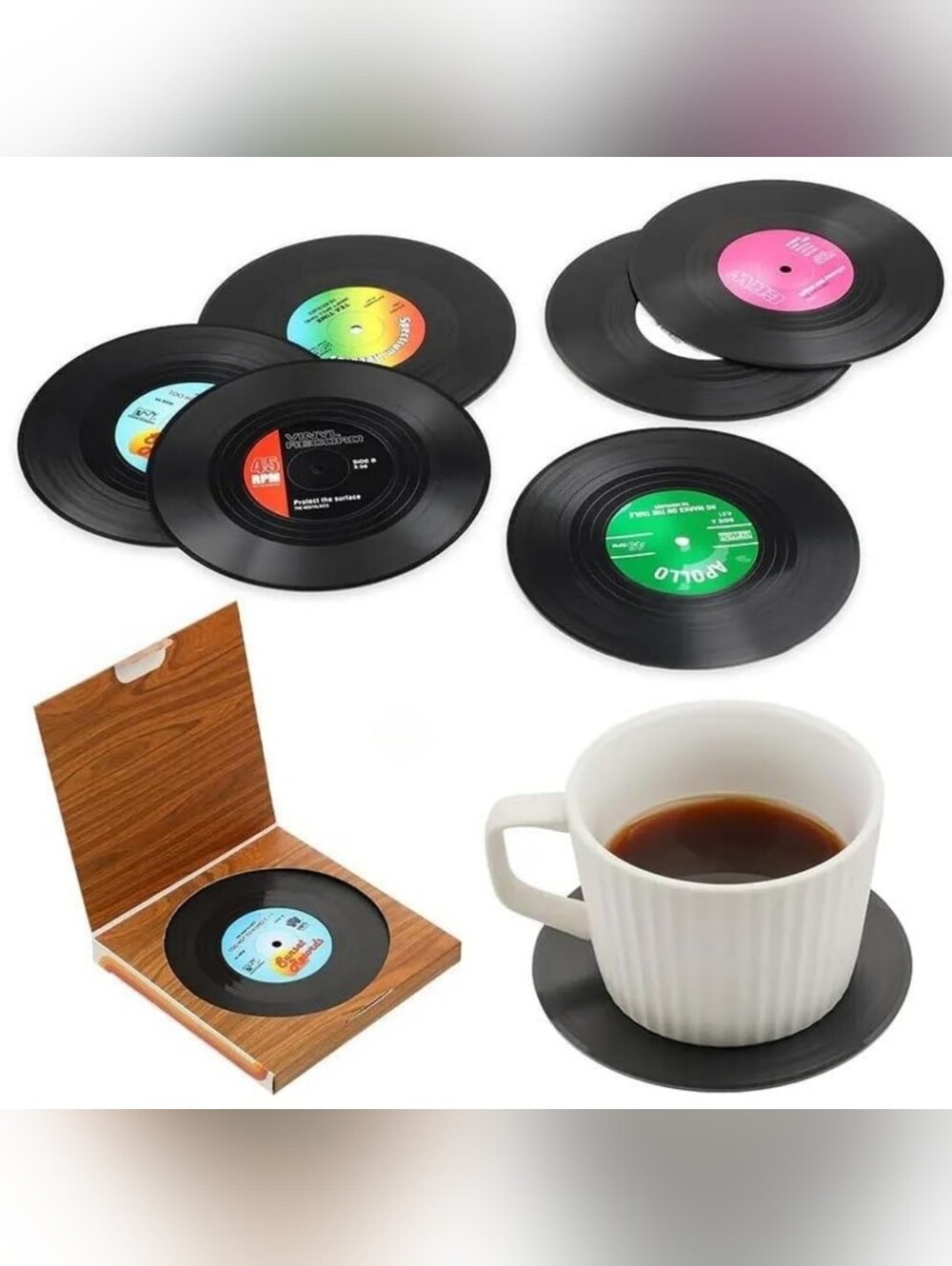 Set of 6 Vinyl Record Retro Anti Slip Coasters In Box